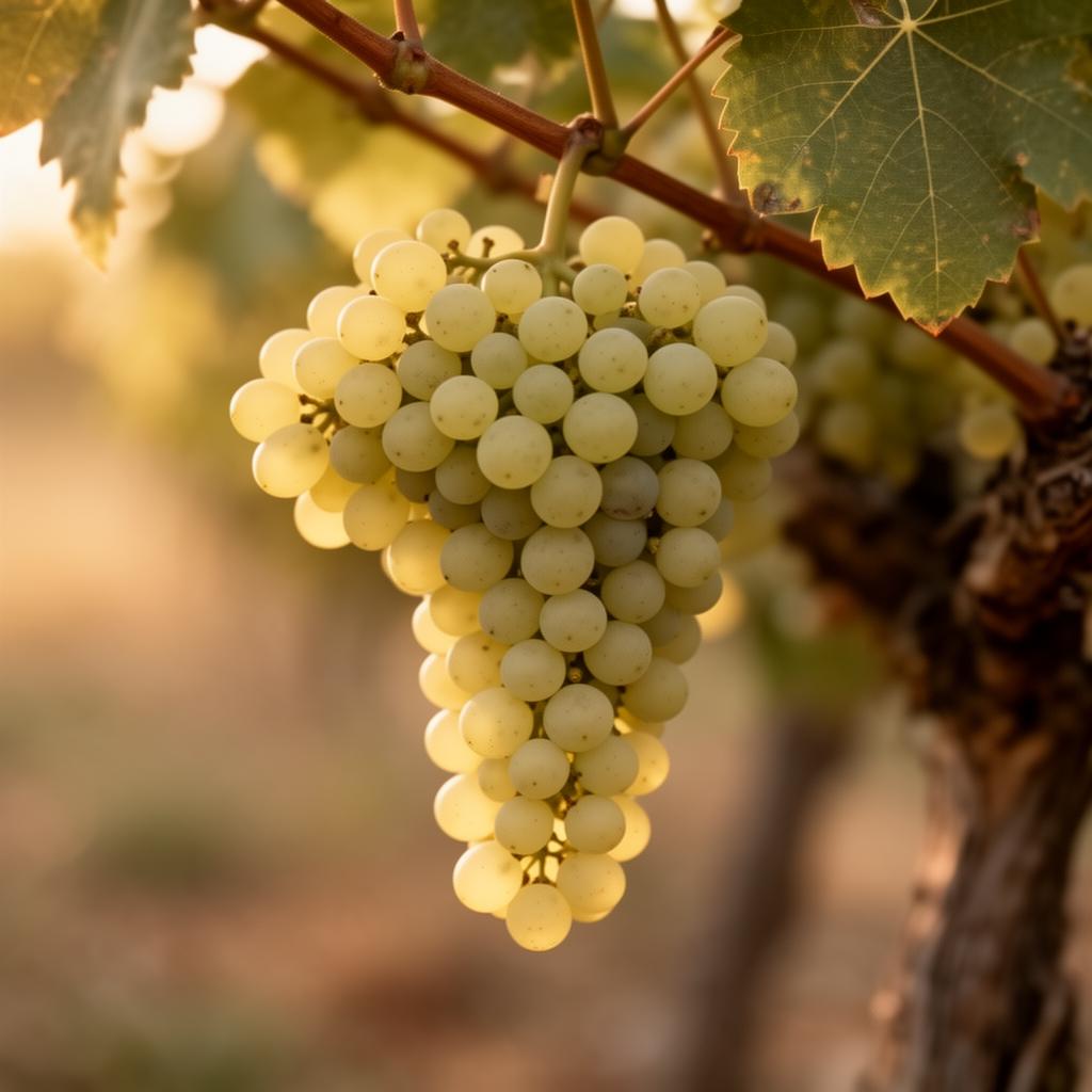 A cluster of Chardonnay grapes on the vine in soft afternoon light