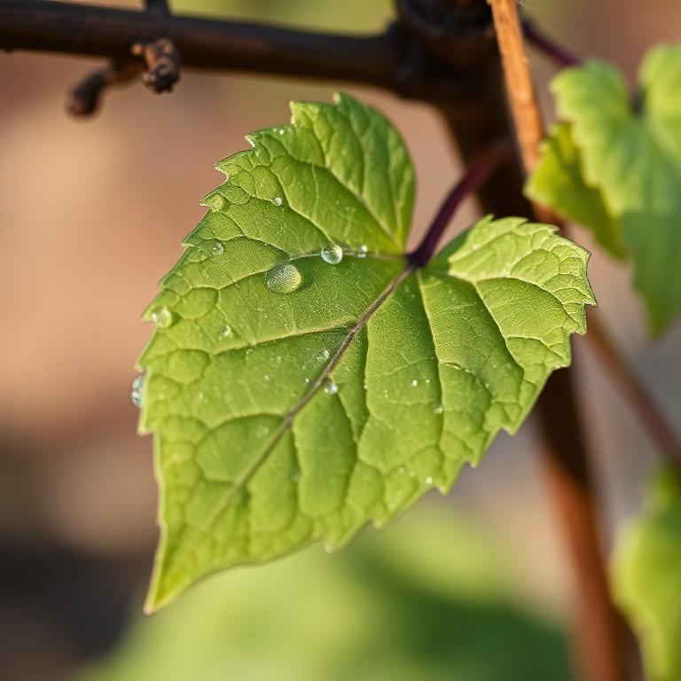 Young vine leaf with dew