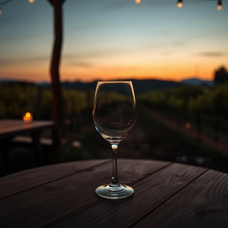 A wine glass on a wooden table at dusk